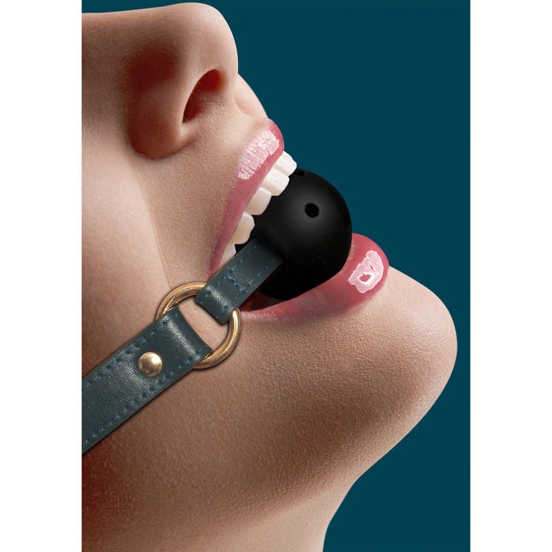 Ouch! - halo breathable ball gag - green, Product top view, in a mouth  | Flirtybay.com.au